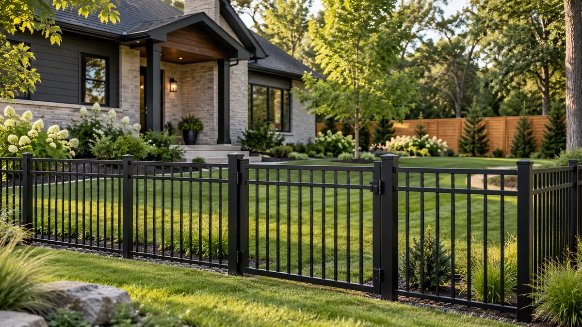 AI-generated illustrative ornamental fence and landscaped residential property